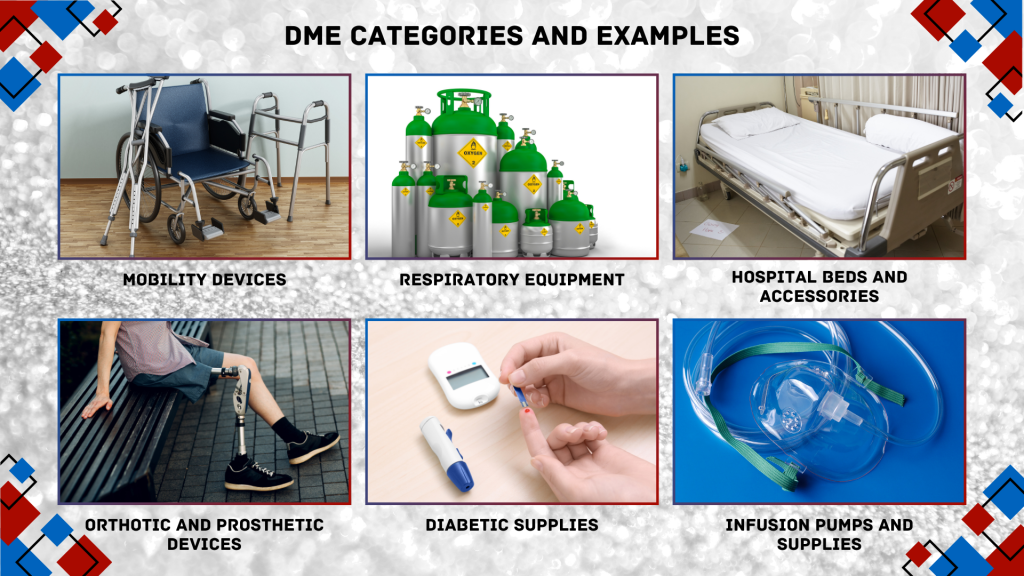 Infographic displaying categories of Durable Medical Equipment with example items for each category