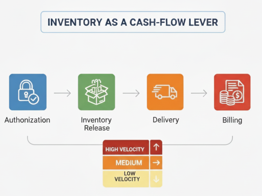 DME inventory velocity segmentation chart showing high, medium, and low velocity equipment categories for cash flow optimization