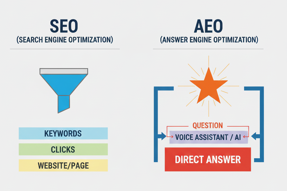 Comparison chart showing traditional SEO vs Answer Engine Optimization for medical equipment suppliers.
