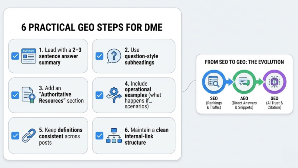 Diagram showing the intersection of SEO, AEO, and GEO for healthcare and DME provider visibility
