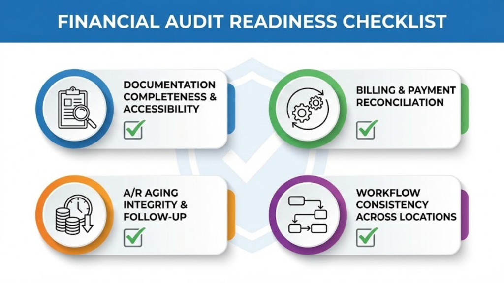 DME financial audit readiness graphic illustrating the relationship between A/R aging, documentation completeness, and revenue recognition