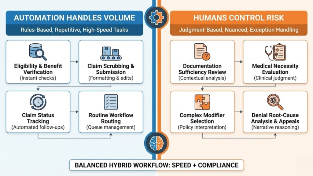DME revenue cycle management flowchart illustrating the division of labor between automated tasks and human oversight checkpoints