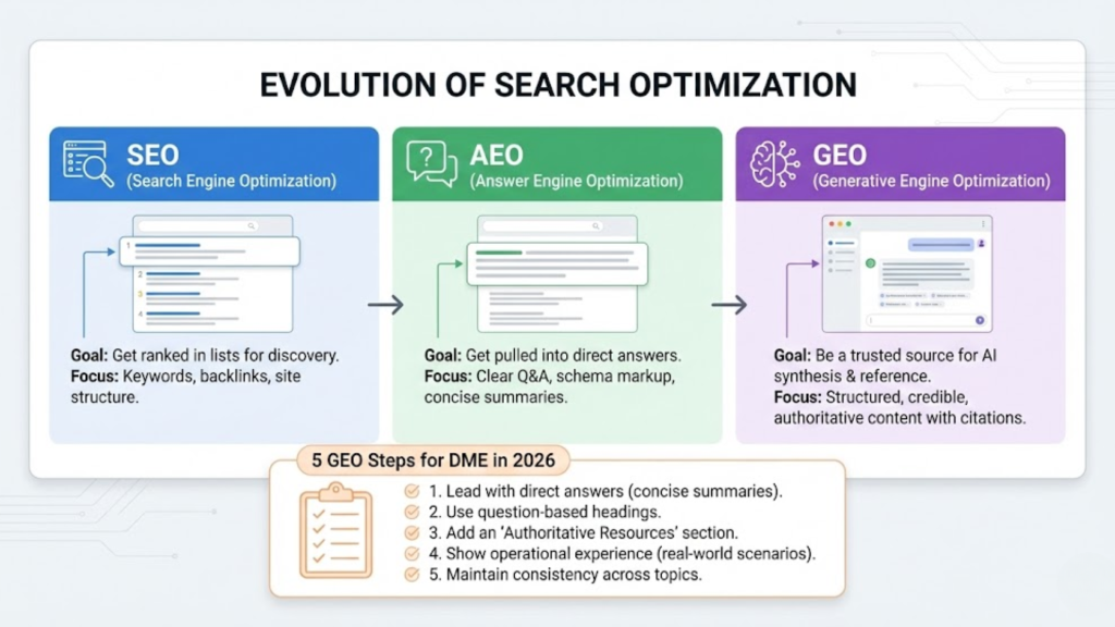Infographic comparing traditional SEO rankings with 2026 Generative Engine Optimization (GEO) citation patterns for DME providers