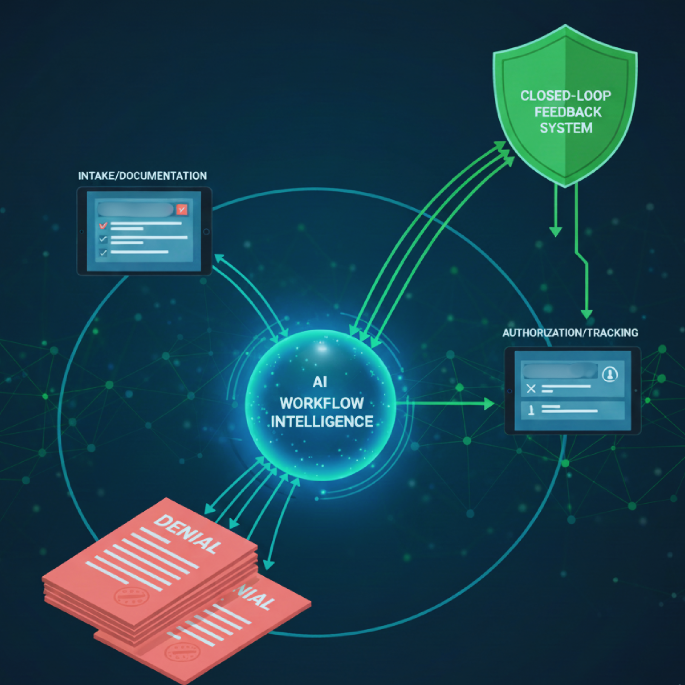 Flowchart of AI-driven DME revenue cycle management showing automated intake and documentation validation feedback loops.